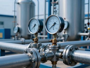 Precise macro shot of clean industrial steel pipes and pressure gauges in a modern chemical distribution plant, cool daylight, deep blue and teal tones