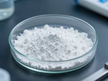 Crisp macro shot of white chemical powder sample in a clean glass petri dish inside a professional laboratory, cool blue tones
