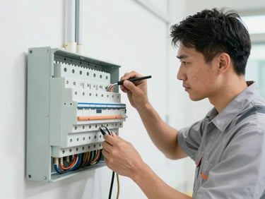 Medium shot of a professional electrician in a clean uniform wiring a modern breaker box, bright natural daylight, crisp details, 35mm lens