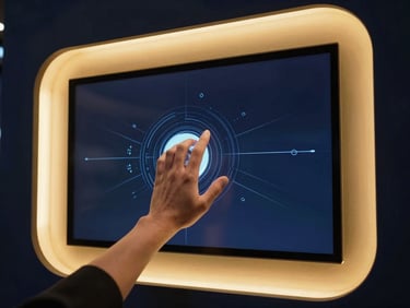 Hand interacting with a large interactive digital screen on a luxury exhibition booth, showing futuristic elements and engaging content, high-contrast architectural lighting, deep navy and warm gold tones, sharp focus, Hasselblad 50mm