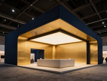 Wide-angle shot of a modern, high-tech exhibition hall in Riyadh, with warm gold lighting on a large, custom-designed booth, showing scale and architectural detail, dramatic interior lighting, deep navy and warm gold tones, sharp focus, Hasselblad 50mm