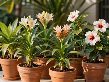 Vibrant terracotta pots filled with blooming tropical ginger lilies and hibiscus flowers under soft daylight.