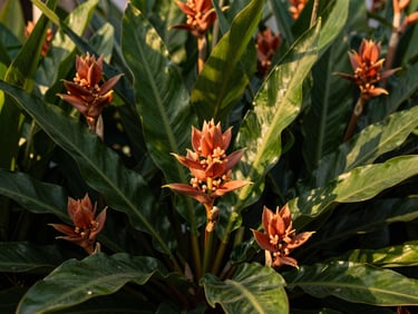 Lush tropical flowering plants with rich terracotta-colored blooms nestled in deep green foliage