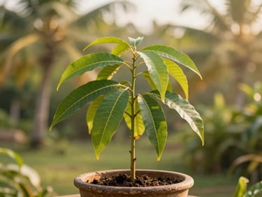 A healthy young mango sapling with vibrant green leaves potted in a rustic container, soft tropical sunlight.