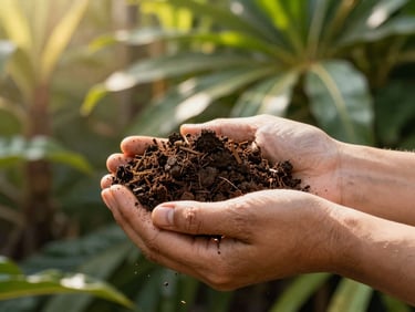 Close-up of rich organic dark compost and soil being held in hands, sun-dappled nursery background.