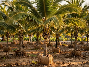 Sun-dappled rows of young coconut palms in a tropical nursery, burlap-wrapped root balls visible, warm golden-hour lighting.