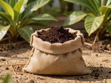 Rich dark organic compost in a burlap sack on sandy soil, sun-dappled nursery setting