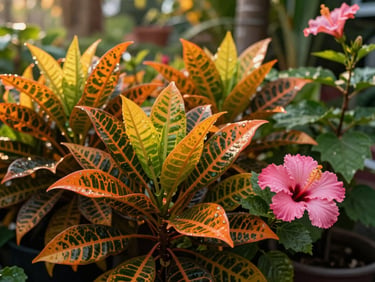 Close-up of bright orange croton leaves and pink hibiscus flowers in a tropical nursery, morning dew, shallow depth of field.