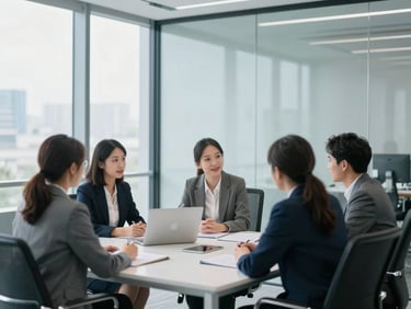 Modern corporate photography of a bright natural office, cool blue and slate tones, sharp focus, editorial, professional meeting with clean glass surfaces.