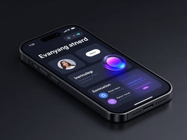 Sleek dark-themed UI mockup of an AI event management platform displayed on a high-end smartphone screen in a dark studio