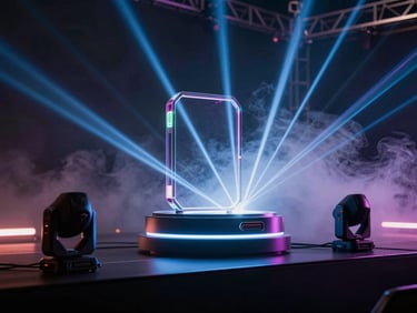 Close-up of state-of-the-art stage production equipment with glowing laser beams and smoke haze at a premium product launch