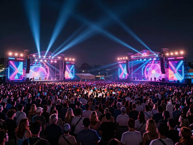High-angle shot of a massive illuminated outdoor concert crowd at night, neon stage lights piercing the dark sky