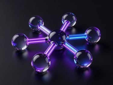 A premium dark-mode 3D render of interconnected glassmorphic nodes with glowing purple and blue neon light trails against an obsidian background, ultra-polished tech aesthetic.