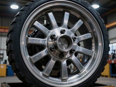 Close-up of heavy-duty steel truck wheel rim, clean industrial finish, dramatic warehouse lighting.