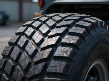 Close-up macro shot of commercial truck tire tread pattern, dramatic warehouse lighting, high contrast steel tones.