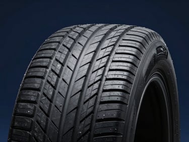 Close-up of modern passenger car tire tread, clean sipes and grooves, sharp studio lighting, dark navy background.