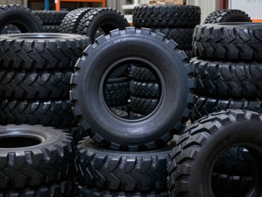 High-contrast commercial photography of stacked light truck tires in a structured warehouse grid, sharp detail.