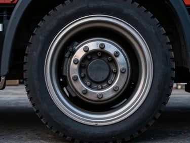 Industrial detail shot of a heavy steel truck wheel rim, metallic reflections, dramatic dark background.