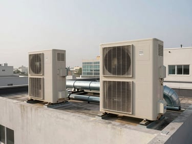 Wide shot of rooftop air handling units on a commercial office building in Dakar, humid coastal haze softening the background, steel mounting frames and ductwork penetrations clearly visible, overcast industrial daylight
