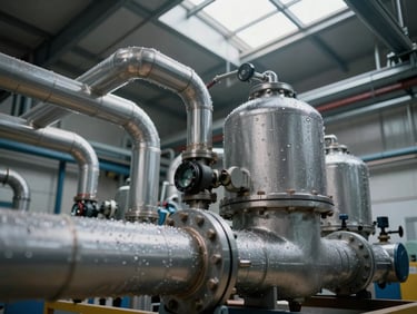Close-up of industrial chiller plant pipework and insulated vessels inside a large manufacturing facility, ambient tungsten light mixing with daylight through a high clerestory, condensation visible on pipe surfaces