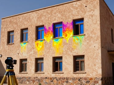 Thermal imaging scan overlaid on an institutional building envelope in a high-altitude Moroccan city, false-color heat map revealing insulation gaps at window frames, surveyor's equipment visible at the lower left corner