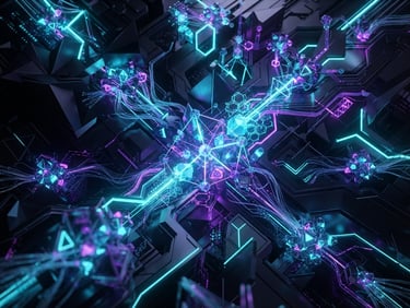 dark futuristic 3d render, glowing neon cyan and violet light, abstract network nodes, clean geometric composition, octane render