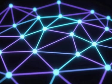 Abstract network nodes forming a clean geometric composition, high-contrast synthetic light, octane render.