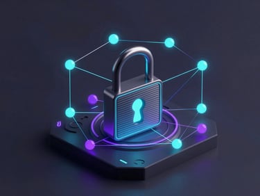 Isometric 3D render of secure cryptographic lock symbols connected by glowing data nodes, electric violet accents, deep shadows.