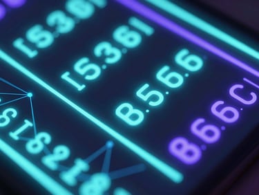 Macro close-up of a glowing digital interface displaying automated pricing calculations, neon cyan light paths, dark futuristic aesthetic.
