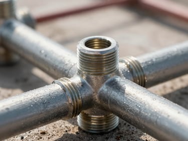 Macro detail of a high-quality plumbing joint or electrical wiring conduit on a construction site, clean installation, bright daylight, sharp focus