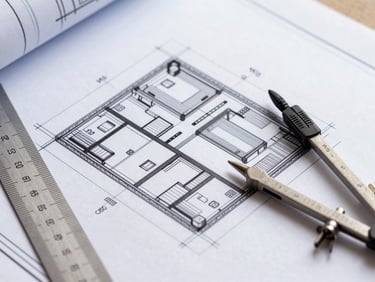 Close-up of architectural 2D/3D blueprints on a light table, precise technical lines, engineering details, ruler and compass, high contrast, sharp focus