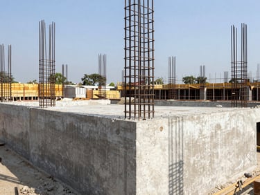 Wide panoramic view of a residential construction site in Bengaluru, concrete foundation being poured, structural steel rebar visible, bright daylight, high contrast, sharp focus