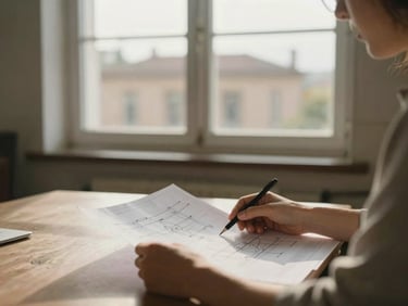 Hands holding a schematic or blueprint on a table, quiet conversation, warm morning light, old architecture in the background, shallow depth of field.