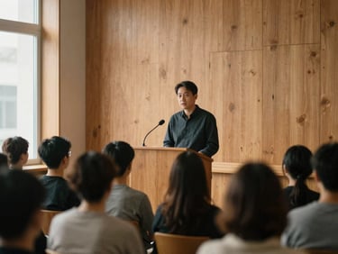 A speaker at a podium in a warm, wood-paneled room, soft light, attentive audience in the foreground, shallow depth of field.