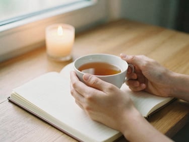 Hands holding a warm cup of tea, resting on an open journal on a wooden table, soft candlelight, shallow depth of field, 35mm film grain