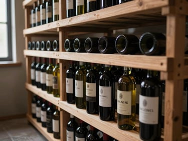 Wine bottles arranged in a timber rack in a cool storage room, labels facing forward, soft daylight from a narrow window at the left edge, stone floor visible below