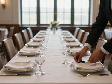 Long banquet table being set for a formal event, linen napkins folded on plates, glassware aligned, hands of a staff member placing cutlery in the foreground, empty hall with tall windows behind