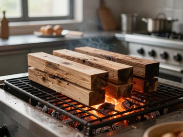 Close-up of a wood-fired grill grate with glowing embers underneath, olive wood stacked beside it, kitchen mise en place on a steel counter in the background, natural indoor light from a high window