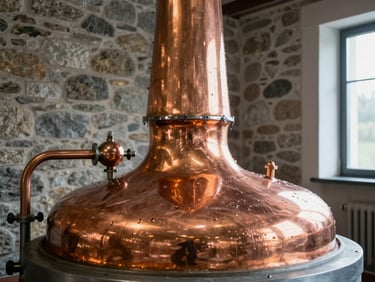 Copper pot still interior of an Austrian distillery, condensation on the neck of the still, amber liquid visible at the base, stone wall behind, daylight from a small window to the right