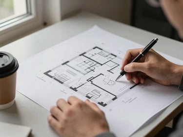 Hands of a person reviewing architectural floor plans spread on a table, a pen marking a notation, coffee cup at the edge, natural window light from the left, no faces visible
