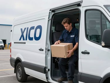Professional XICO LLC driver in uniform, meticulously scanning a package inside a branded sprinter van at a loading dock, overcast daylight.