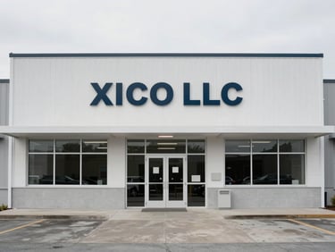 Straight-on architectural shot of the XICO LLC Springfield dispatch office exterior, clean industrial building, overcast daylight, cool desaturated tones.