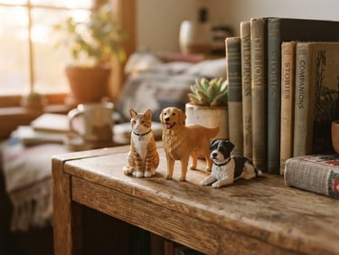 Warm editorial photography of three custom 3D pet miniatures resting on a rustic wooden shelf next to books, illuminated by soft golden-hour window light, shallow depth of field, 35mm.