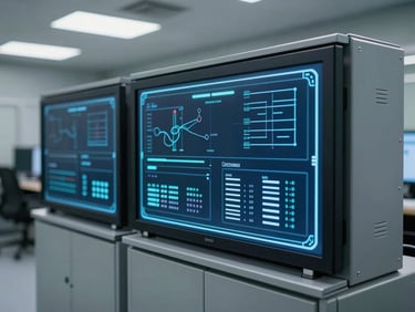 A high-tech logistics control room with glowing digital tracking interfaces, cool-toned industrial lighting, crisp focus, 35mm