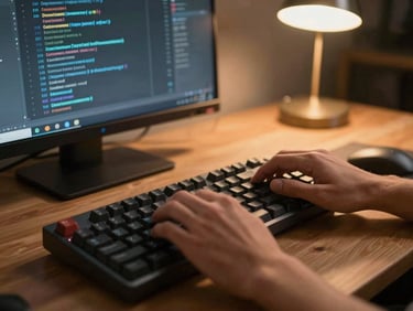 Tight shot of hands on a mechanical keyboard, monitor in background showing a terminal with deployment logs scrolling, warm tungsten desk lamp casting focused light, shallow depth of field, no faces visible