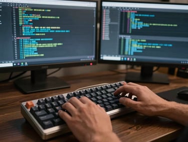 Tight frame on hands at a mechanical keyboard, multiple terminal windows open on dual monitors showing infrastructure deployment logs, tungsten evening light, no person visible above the wrists