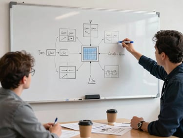 Wide-angle view of a whiteboard session in progress — two practitioners marking up a system architecture diagram with blue marker, coffee cups and printed design docs on the table below, north-facing daylight