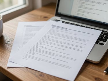 Close-up of a printed design document spread on a wooden desk beside an open laptop showing a pull-request review thread, natural north-facing daylight from a window to the left, annotated margins visible on the printed pages, a coffee cup partially in frame at the edge