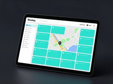 High-fidelity UI mockup of an interactive map booking system on a modern desktop browser, dark theme, clean slate background with cyan selected slots