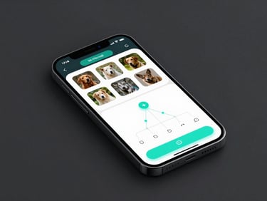 Isometric mockup of a dark-mode mobile application on an iPhone screen, showcasing a clean dashboard with animal profile cards and lineage charts, glowing cyan accents